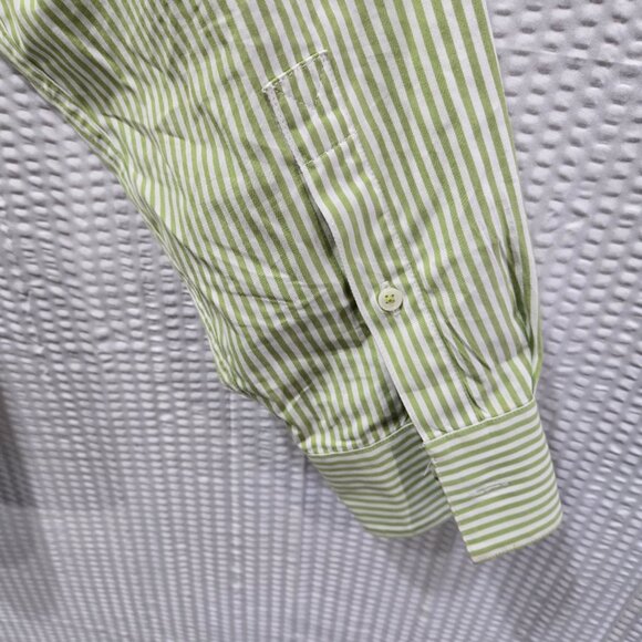 Michael Kors Mens Dress Shirt Green & White Striped Squares 100% 80s 2ply Cotton - Picture 3 of 6